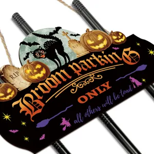 Halloween witch broom parking wooden sign detail view, funny holiday hanging plaque party decor.