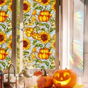 Halloween stained glass window film sunflower pumpkin static privacy decorative glass sticker detail view