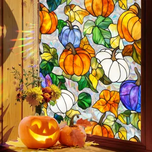 Halloween stained glass window sticker, colorful pumpkin pattern, static cling glass film.