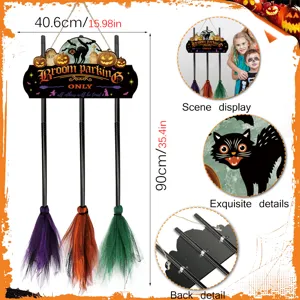 Halloween witch broom parking sign wooden hanging decor detail view dimensions display