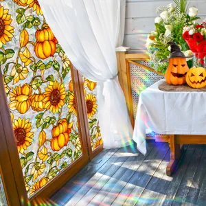 Autumn sunflower and pumpkin window film detail, decorative glass privacy sticker view.