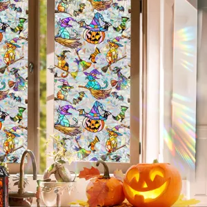 Halloween stained glass window film detail showing colorful decorative pumpkin pattern.