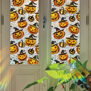 Halloween window sticker static cling pumpkin witch hat stained glass decorative film