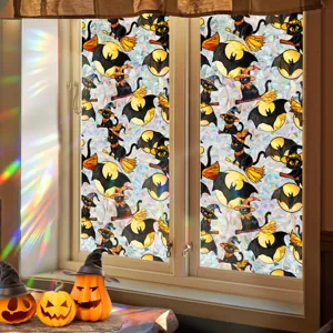 Halloween window sticker static cling glass film with cute black cat and bat spooky decor