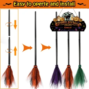 Halloween witch broom hanging sign with wooden plaque and mesh brooms for holiday.