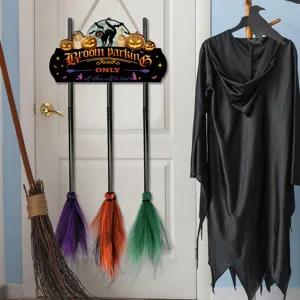 Halloween witch broom parking wooden hanging sign with colorful mesh brooms for door decor.