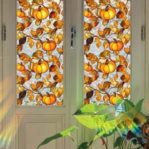 Detailed view of autumn pumpkin stained glass window film, decorative static cling for home.