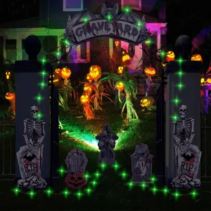 Halloween graveyard gate decoration skeleton tombstones with green lights for outdoor yard party