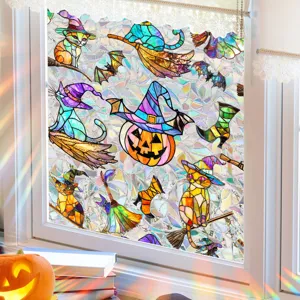 Halloween stained glass window film decorative cat pumpkin static cling window sticker