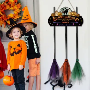 Halloween wooden hanging sign with broom decorations for festive wall party display.