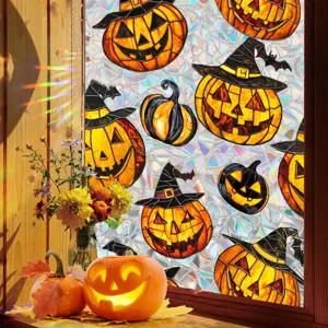 Halloween window glass stickers with colorful pumpkin and witch hat designs for home decor.