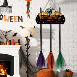 Halloween Witch Broom Parking Sign Wooden Hanging Plaque Festival Party Decoration Prop