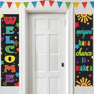 Back to school classroom door banner decoration set, colorful welcome hanging sign poster.