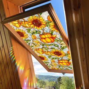 Stained glass window film with sunflower and pumpkin patterns for home decoration and privacy.