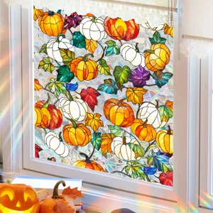 Halloween stained glass window sticker featuring colorful autumn pumpkins for seasonal home decor.