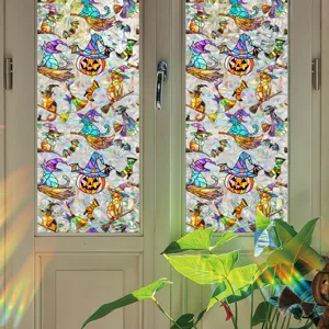 Halloween stained glass window film featuring cute witch cats and pumpkins for home privacy decor.