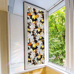 Halloween stained glass window sticker detail, black cat witch bat pattern view.
