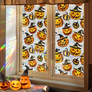 Halloween window sticker detail view showing stained glass pumpkin design for festive home decor.