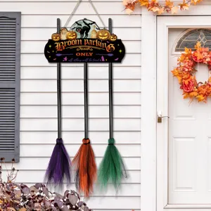 Halloween broom parking hanging sign wooden door decor autumn festival party prop outdoor ornament