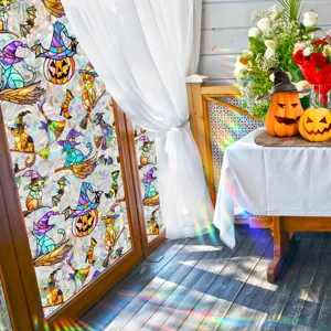 Halloween stained glass window film scene, colorful cat and pumpkin decorative glass sticker.