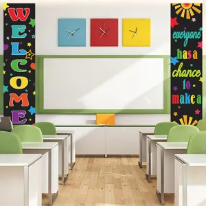 Back to school classroom decoration banner scene display, colorful welcome lettering details.
