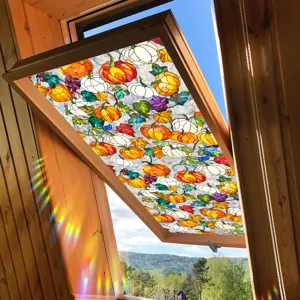 Stained glass window film featuring autumn pumpkins, decorative seasonal home privacy sticker.