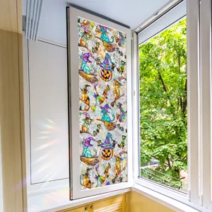 Halloween stained glass window sticker, colorful cat and pumpkin static cling film for home.