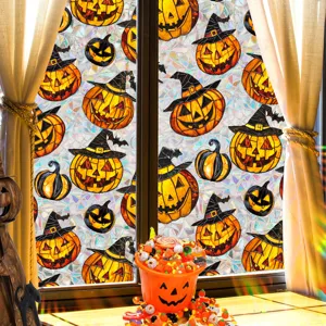 Halloween stained glass window sticker, pumpkin and witch hat static cling film, home decor.