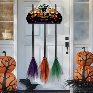 Halloween witch broom parking sign wooden plaque hanging holiday decoration detail