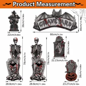 Halloween skeleton tombstone decoration set with bat sign and spider web measurements