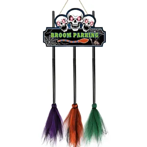 Halloween witch broom parking wooden hanging sign with three spooky skulls and colorful brooms.