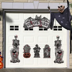Halloween garage door banner decoration set with scary skeletons tombstones and ghosts.