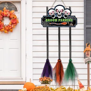 Halloween witch broom parking wooden hanging sign spooky wall decor festival party prop.