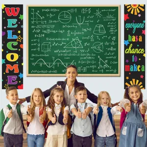 Back to school classroom decoration banner set with math chalkboard background and motivational posters.