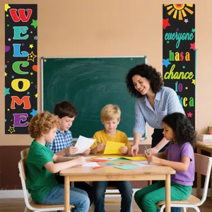 Classroom scene showing vertical welcome banners and motivational posters for school decoration.