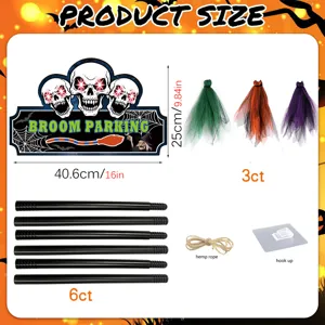 Halloween witch broom parking wooden sign hanging decoration set with poles, rope and hooks.