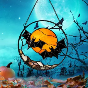 Halloween metal hanging wall decoration with bat and moon design for holiday decor.