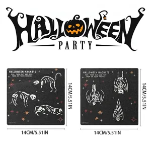 Halloween wooden magnetic fridge stickers featuring skeleton cat and bat designs, 14cm.