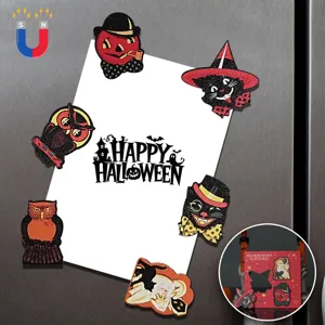 Halloween wooden fridge magnets cute vintage ghost cat pumpkin kitchen home decor set