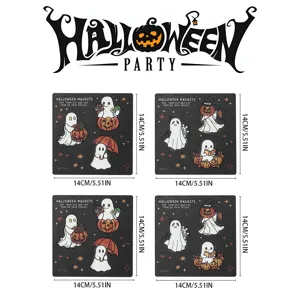 Close-up details of Halloween wooden magnetic fridge stickers with cute ghost and pumpkin designs.