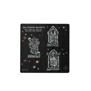 Wooden Halloween magnetic fridge sticker set, spooky tombstone and skull decor for kitchen.