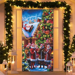 Detailansicht des Weihnachtstürbanners mit Weihnachtsmann und Sängern für festliche Dekoration.