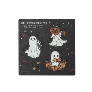 Detail view of wooden Halloween fridge magnets sheet featuring cute ghosts and pumpkins.