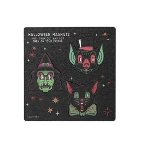Wooden Halloween fridge magnets, DIY punch-out spooky witch bat cat holiday decor items.