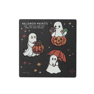 Detailed view of Halloween wooden magnetic sheet featuring cute pop-out ghost designs.