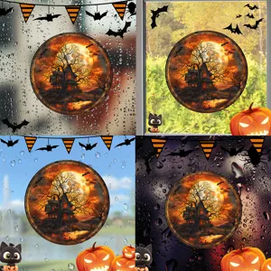 Halloween Fensteraufkleber statisch, Gruselhaus Mond Motiv für Festtag Party.