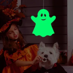 Halloween glowing ghost hanging decor detail scene, spooky party atmosphere decoration props.
