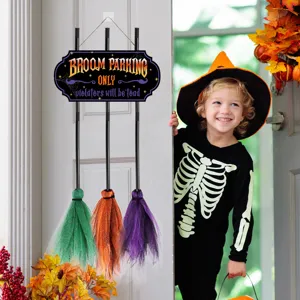 Halloween wooden hanging sign broom parking door decoration featuring colorful brooms