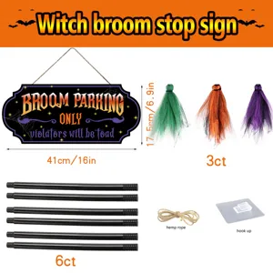 Halloween witch broom parking sign decor set with wooden hanging plaque and accessories.