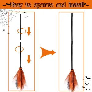 Halloween witch broom assembly guide showing easy screw connection for decorative use.